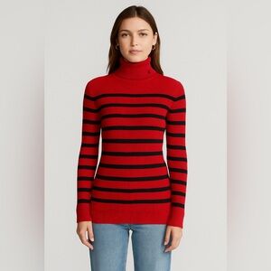 Lauren Ralph Lauren red cotton turtle neck sweater with black stripes, women's M